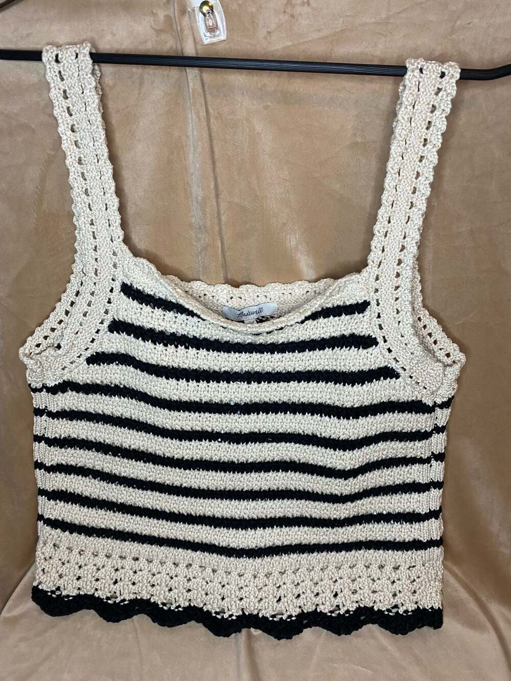 Madewell Striped Crochet Crop Tank Top in Natural Black